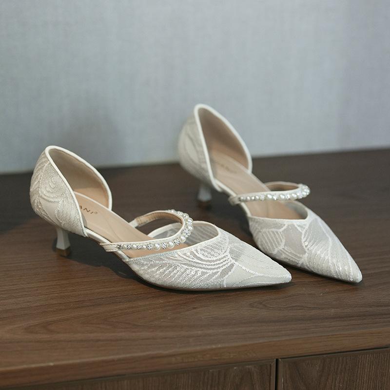 

Сетчатые туфли с темпераментными стразами, женские туфли-лодочки с острым носком, на тонком каблуке, средней высоты каблуке, одинарные туфли, свадебные туфли, туфли для подружки невесты 39