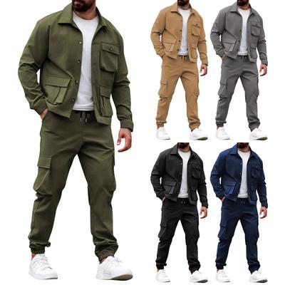 Men's Solid Color Retro Work Jacket Multi Pocket Trousers Trendy Tough Suit