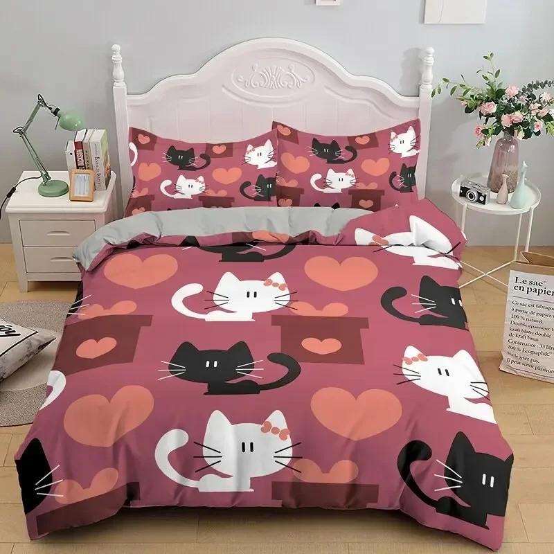 Cat Cartoon Cute Kitten Comfortable Duvet Quilt Cover Pillowcase Bedding Set Children Bedroom Decoration Home Textile
