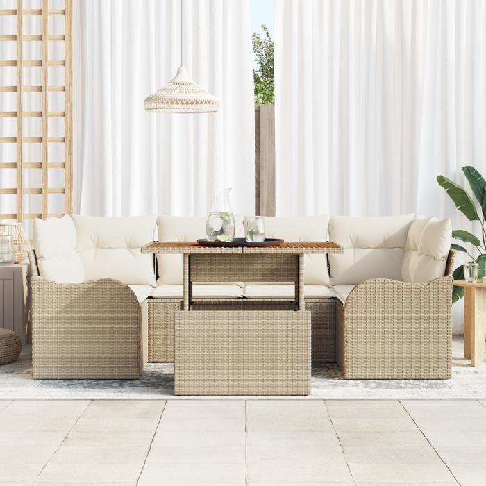 Ensemble de canapé de jardin de 7 pièces vidaXL avec coussins Beige en polyrotin et acacia 3349413