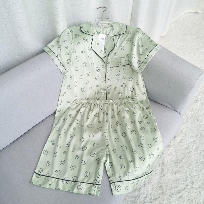 New New Arrival Smiley Pajamas Women's Summer Thin Artificial Silk Short Sleeve Shorts Casual Homewear Suit