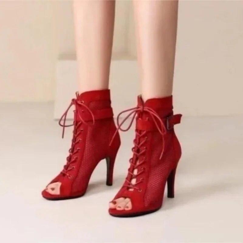 Sandalias Mujer  New Summer Short Boots Hollow Lace-up Mesh Peep Toe Thin Heel High Heels Dance Party Sandals Women Large 43