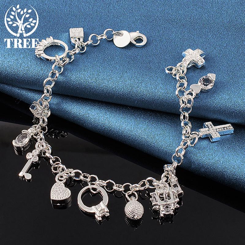 925 Sterling Silver Moon Heart Lock Cross Bracelet Jewelry