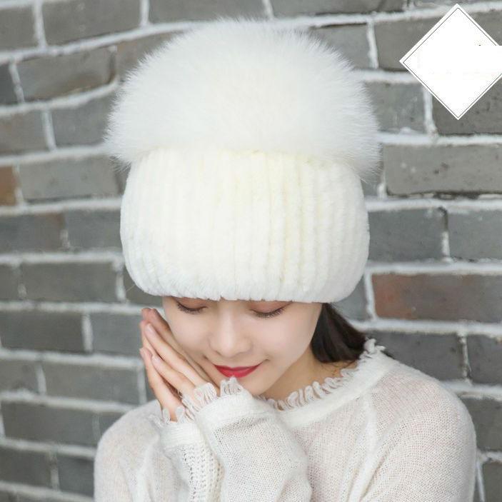 Winter Warm Women Cap Fox Fur and Rex Rebbit Fur Hat Good Elasticity