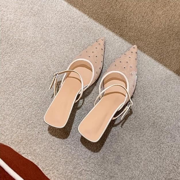 Sheepskin version of grape mother, the same versatile hot diamond temperament, small pointed mesh yarn, breathable 6cm fine heel, empty sandals, women