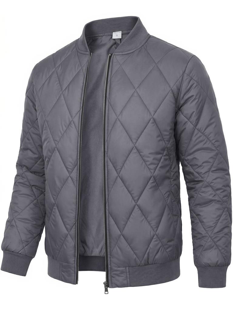 Men Solid Color Stand Collar Thickened Warm Quilted Bomber Jacket Casual Outerwear