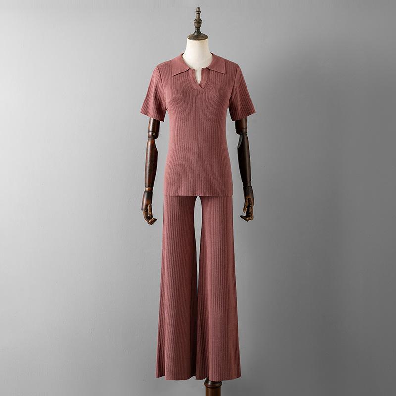 HNXC Women's Polo Collar Puller Short-sleeved Top + Slimming and Versatile Solid-color Wide-leg Long Pants Knitted Fashion Set