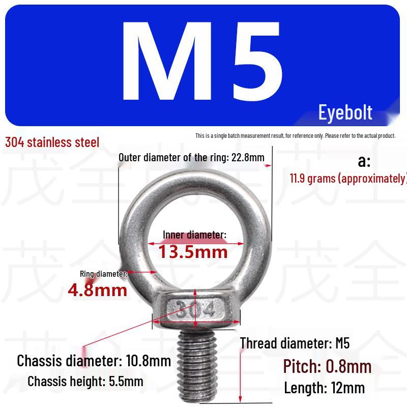 304 Stainless Steel Lifting Eye Bolt, Extended M3-M36 Round Screw