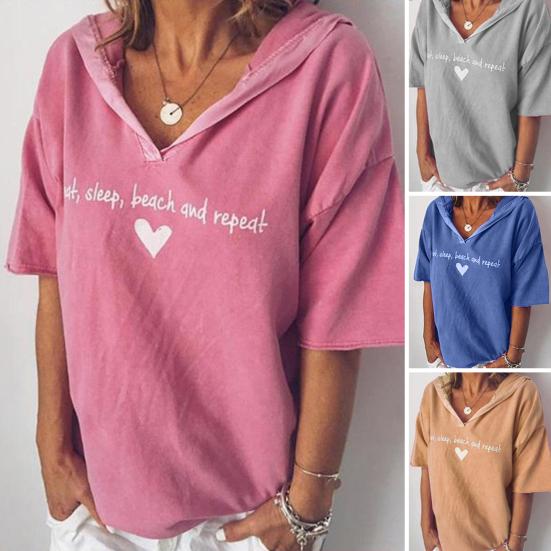 Sommer Unifarbene Damen Buchstaben Herz Druck Kurzarm Hoodies Mit Kapuze T-Shirt