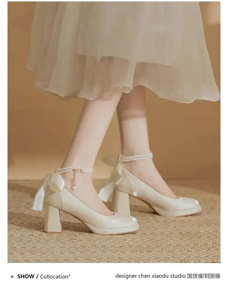 2024 New Red Bow Pearl Mary Jane Platform Waterproof Lolita Heels for Women Chunky Wedding Shoes Single Shoe