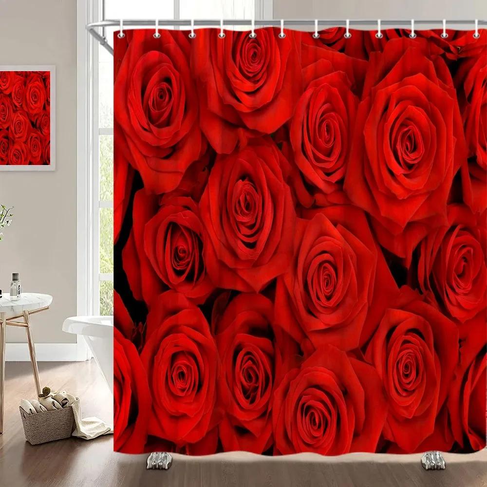 Valentine'S Day Shower Curtain, Rose Flower Heart Romantic Plant Love Lipstick Polyester Printed Fabric Bathroom Decoration