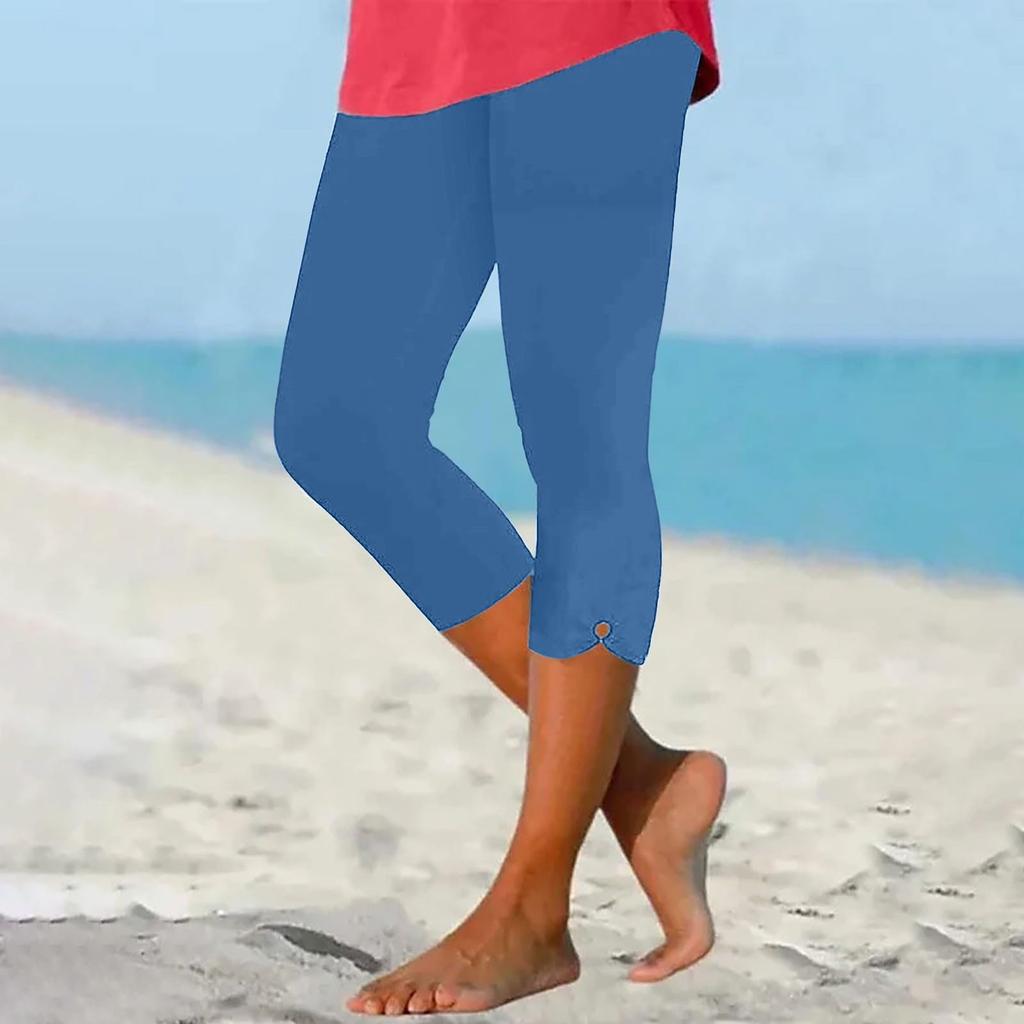 Women's Casual Comfortable Stretch High-Waist Elastic Cropped Pants, Vacation Beach Leggings