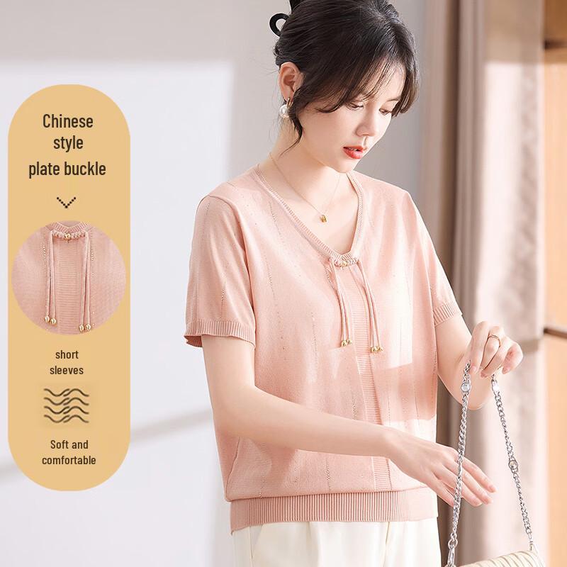 Women s New Chinese Style V-Neck Knitted T-Shirt L
