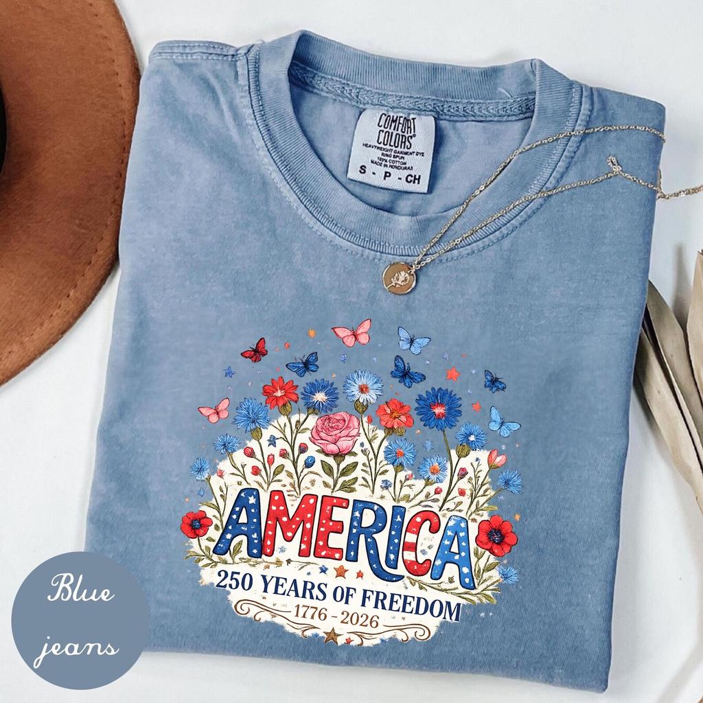 Comfort Colors Floral 250th Anniversary Shirt, Wildflower 4th of July Tee, Patriotic Independence Day Shirt, USA Gift