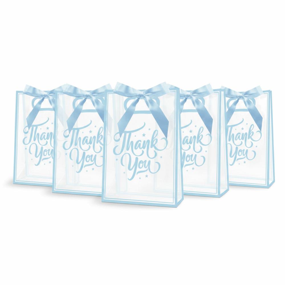 5Pcs Set Reusable Portable Favor Bag PVC Clear Gift Bag Die Cut Handles with Ribbon Flower Bag