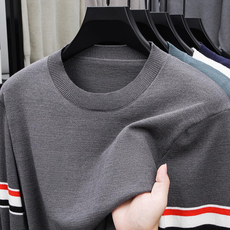 Men's O-Neck Long Sleeve Sweater Spring Autumn Striped Thin Knitted Fashion Minimalist Versatile Men'swear