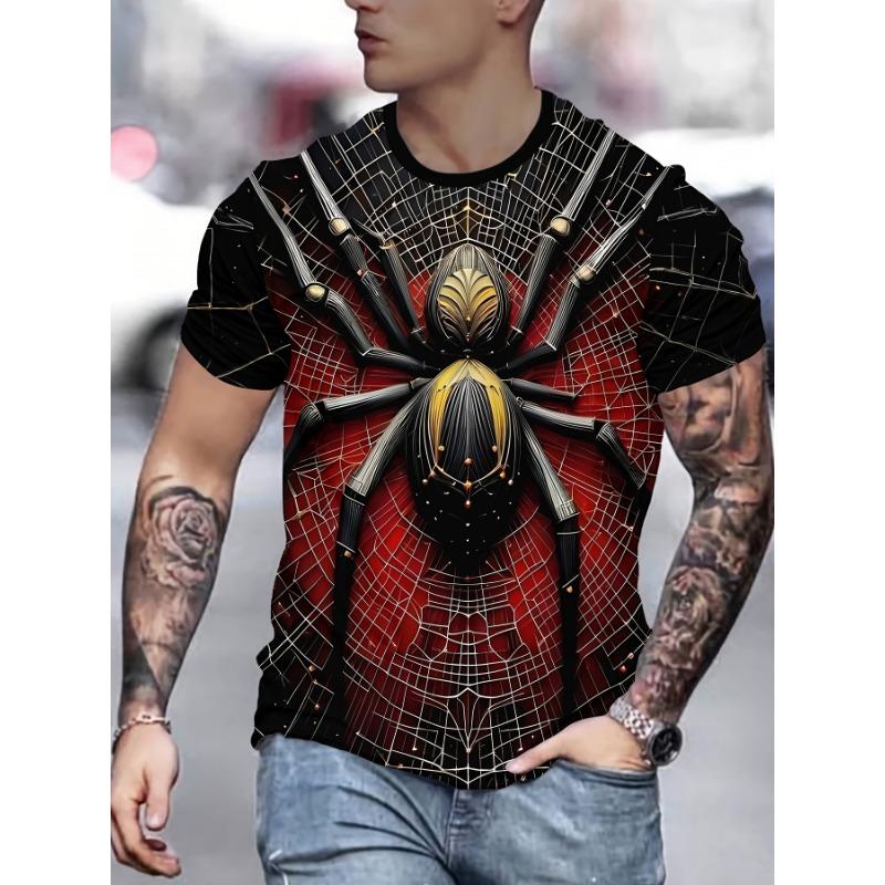 Cool Gothic Spider 3D Graphic Tee Men's Fashion Short Sleeve T-Shirt Casual Crew Neck Spooky Animal Art Summer Holiday Streetwear Apparel Clothing