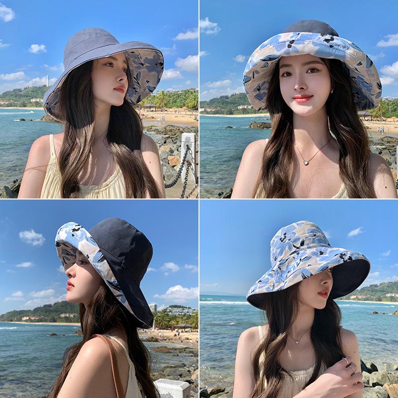 Flower bucket hat women's spring and summer sunscreen sunshade UV protection casual big eaves cover face big head circumference double basin hat