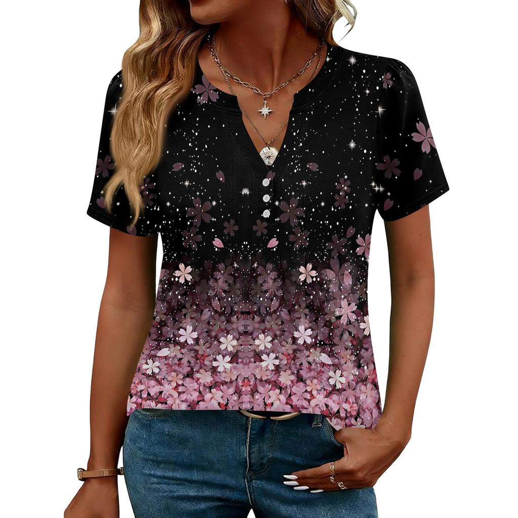 Damen Oberteile Festlich Lässig V-Ausschnitt Kurzarm Hemden Plissierte Blusen Knopfleiste Tunika