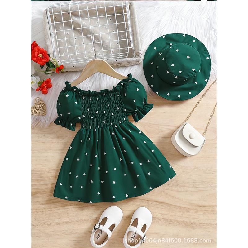 

Girls Fashionable Princess Dress Summer Children s Sweet Heart Puff Sleeve Dress And Cute Hat 9-12M