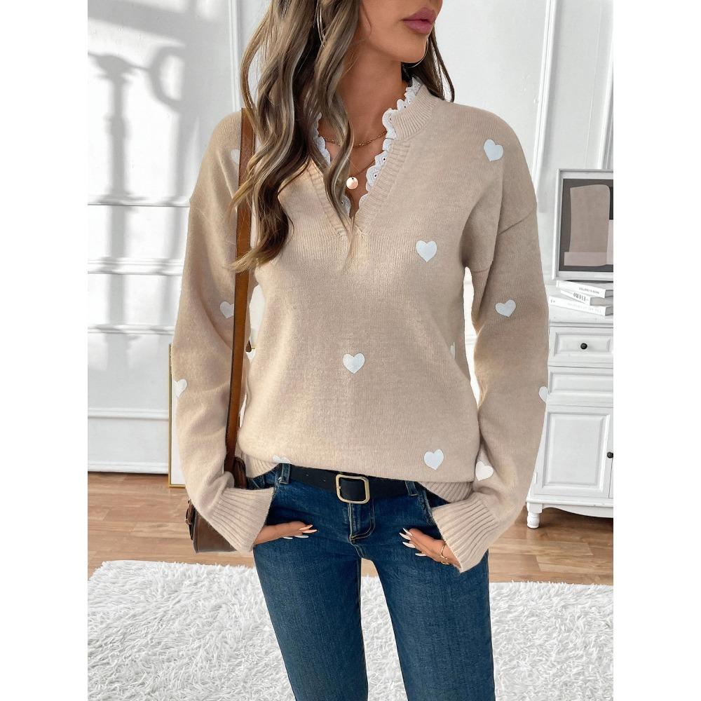 

Autumn and Winter Valentine s Day Clothing V-neck Splicing Lace Temperament Versatile Love Sweater Women L дубильна кора