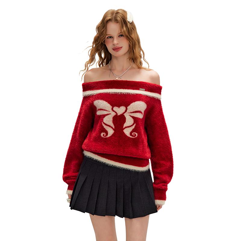 

UNIFREE Women s Bowknot Print Off-Shoulder Knit Top M