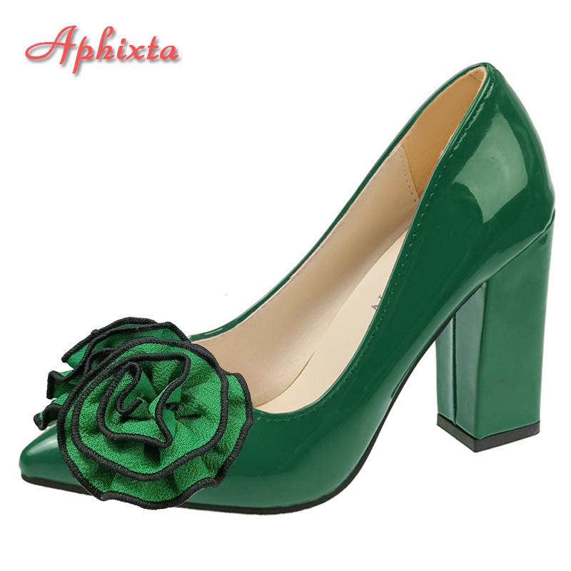 Fashion Aphixta New 7cm Square Heel Patent Leather Shoes Women Pumps Dark Green Flowers Officile Pointed Toe Plus Size 49 50