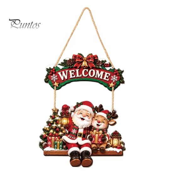 Cute Cartoon Christmas Ornament Wooden Welcome Sign, Front Door Hanging Rustic Holiday Vintage Style Sign Wall Decor with Elk/Santa Claus/Snowman/Elf