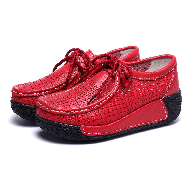 Women's White Leather Cut-Out Wedge Shoes - Thick Soft Sole, Casual Spring/Summer Platform Shoes.