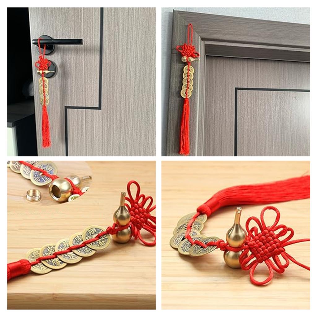 Genuine Copper Five Emperor Coins Feng Shui Hanging Ornament, Handmade Red String Door to Door Evil Protection Home Car