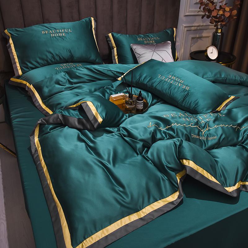 Spring Summer Bedding Set,Luxury Embroidery Duvet Cover,Cool Washed Silk Home Linens Fitted Sheet,Imitation Ten cel Silk King