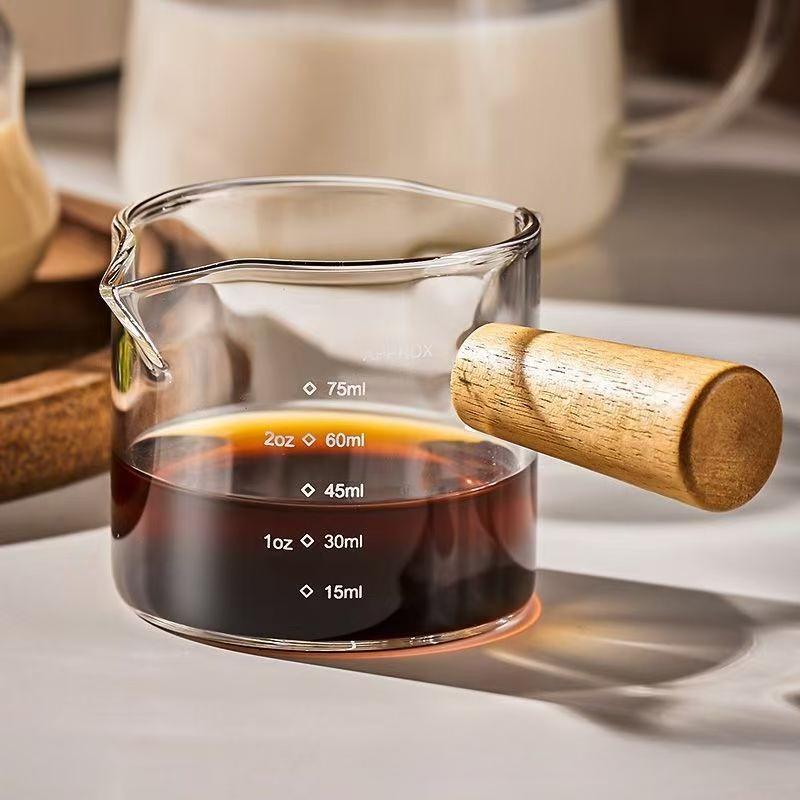 75ml Wood Handle Glass Scale Espresso Measuring Cup DIY Milk Jug Coffee Supplies Double Mouth Transparent Kitchen Measure Mug
