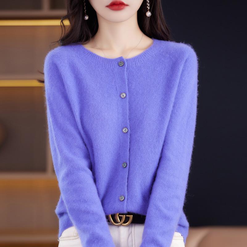 Women's 100% Pure Wool Round Neck Cardigan - Loose, Fashionable, Versatile Spring Knit Sweater.