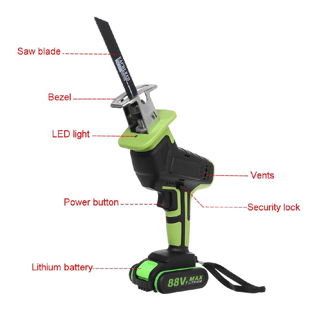 88V Cordless Reciprocating Saw +4 Saw Blades Metal Cutting Wood Tool Portable Metal Woodworking Cutters W/2 Battery