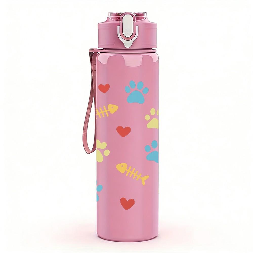 1PC Paw Print Heart Repeat Pattern 750ml Color Plastic Sports Water Bottle Leakproof Flip Straw Lid Suitable for Sports Office Home Use