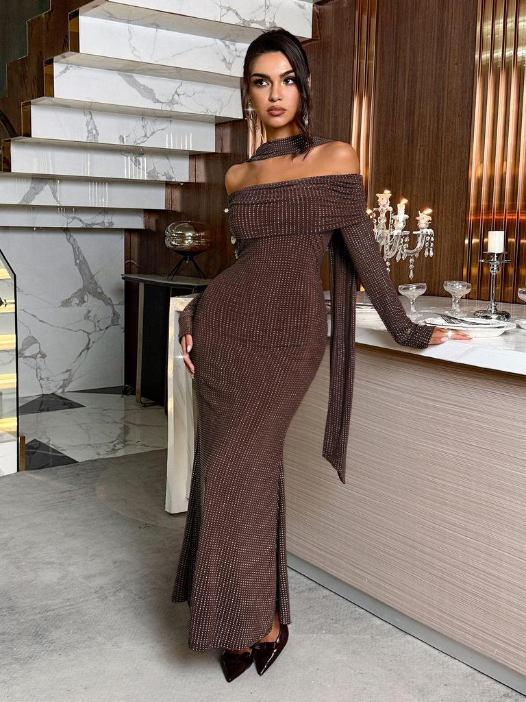 European Strapless Long Sleeve Bodycon Maxi Dress for Women - 2025 Autumn/Winter Collection