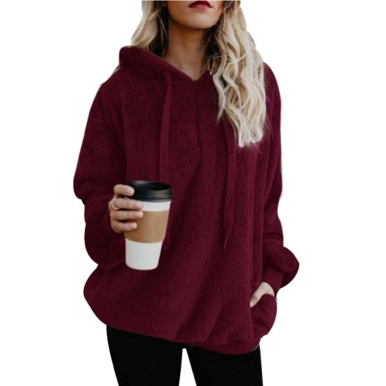 Damen-Fleece-Kapuzenpullover, einfarbig, langärmelig, Kapuzenpullover mit Kordelzug