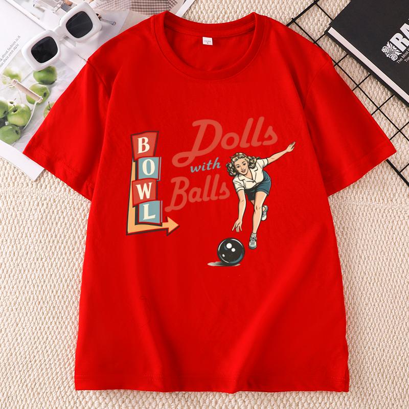 Bowling T Shirt Dolls With Balls TShirt Causal Vintage Graphic Tshirts Funny Cotton Short Sleeve Round Neck T Shrirts Unisex