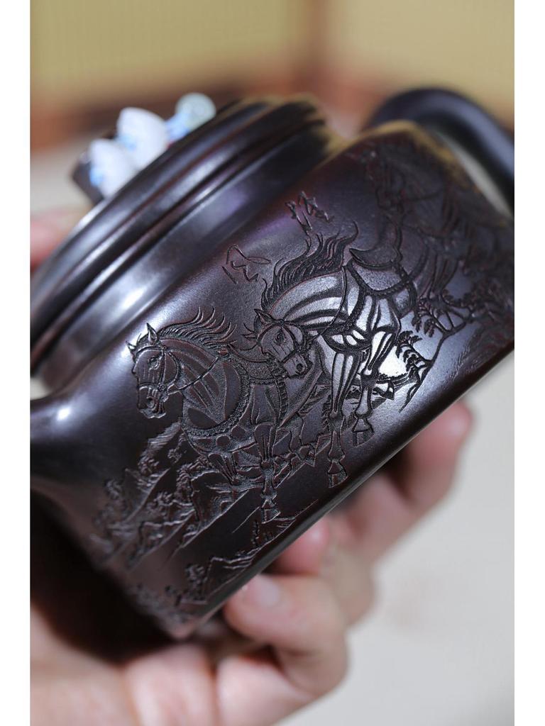 Handmade Yixing Zisha Teapot and Eight-Horses Gift Set by Famous Artist in Original Bronze Clay.