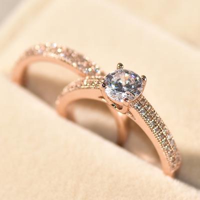 Women's Fashion Luxury Double Titanium Set Zircon Rose Gold Color Bridal Ring Wedding Anniversary ADM