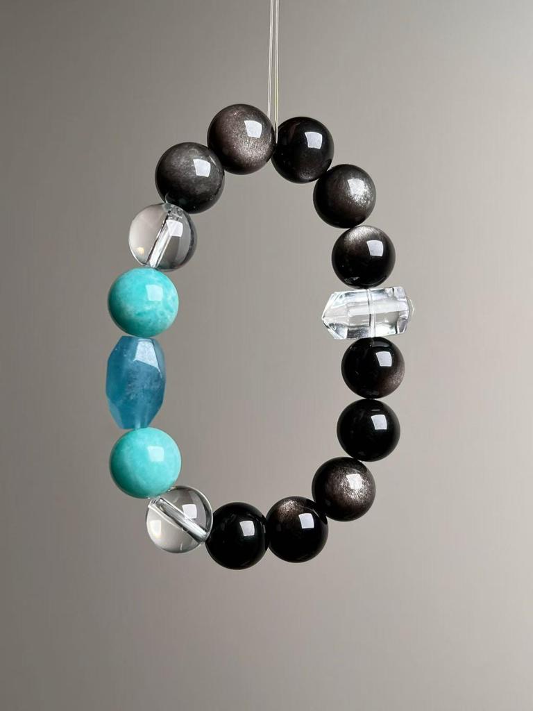 Silver Obsidian & Aquamarine Crystal Unisex Qi Focus Bestseller
