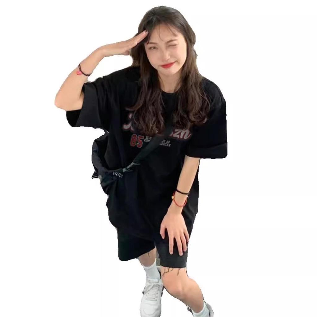 Damen American Retro Baumwolle Schwarz Hip-Hop Locker geschnittenes T-Shirt, Kurzarm, Übergröße, Trendiger Sommerstil