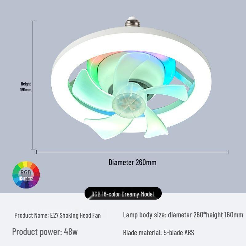 LED RGB Ceiling Fan Light with Remote Control, E27 Base, Dimmable, 360° Rotation for Bedroom