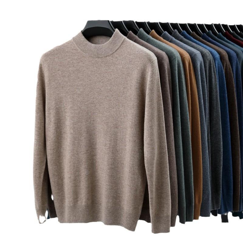 2024 Men's Pure Wool Half-High Neck Sweater, Autumn Winter Knitwear, High-End Casual Base Layer