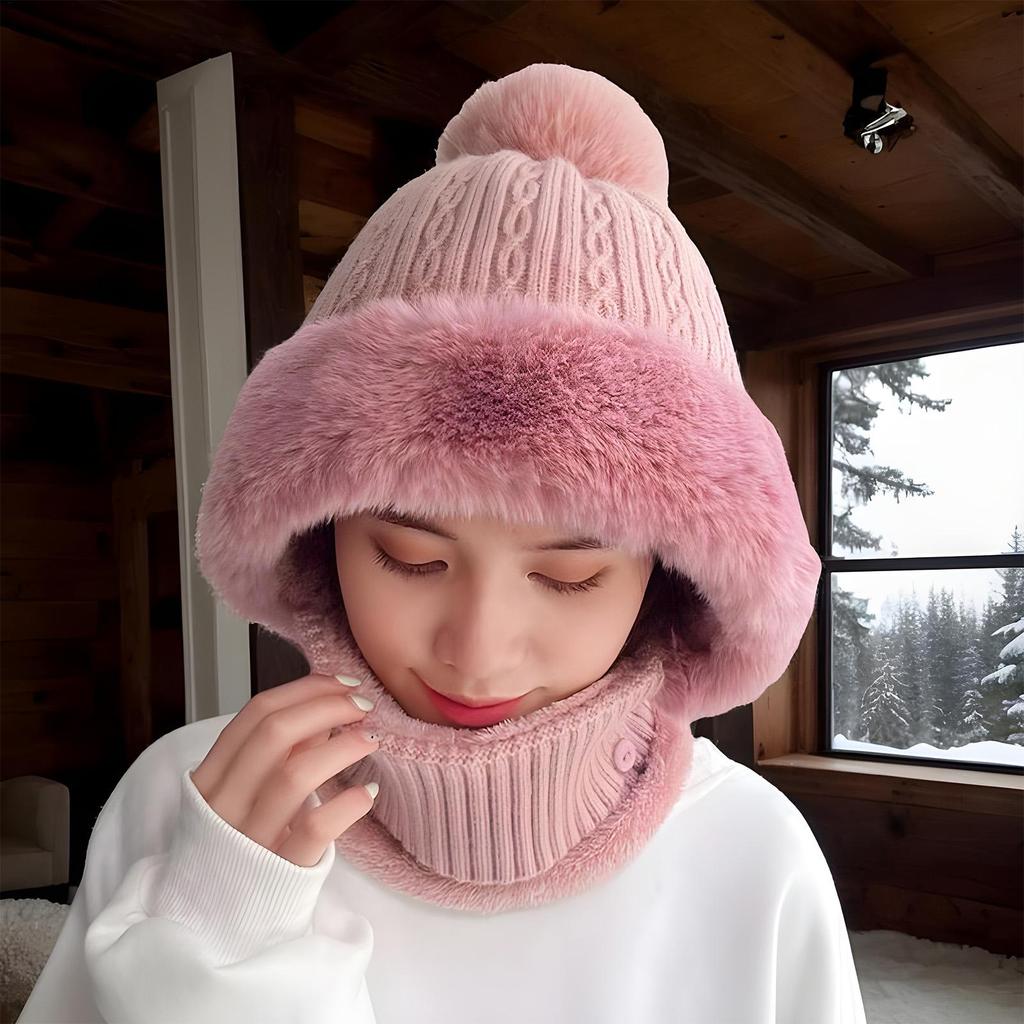 Knit Beanie and Neck Warmer Women Windproof Fleece Hooded Scarf Face Cover Balaclavas for Hiking Cycling Skiing Travel Winter