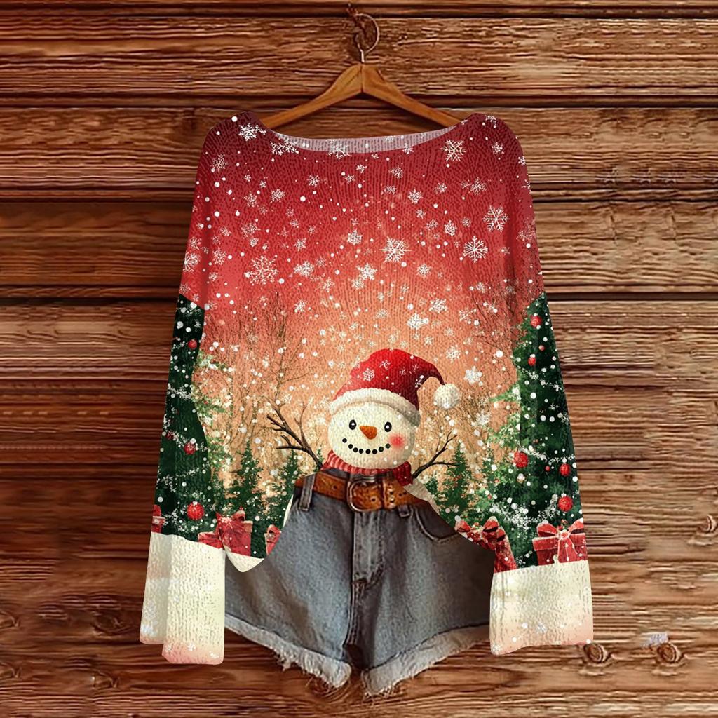 Women's Fashion Round Neck Long Sleeve Christmas Print Casual Pullover Sweater Top