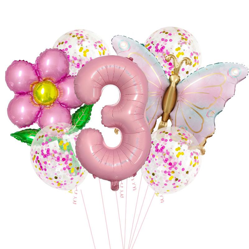 1set Pink Butterfly Flower Transparent Sequin Balloon 32inch Number 1-9 Set Birthday Party Baby Shower Wedding Decoration