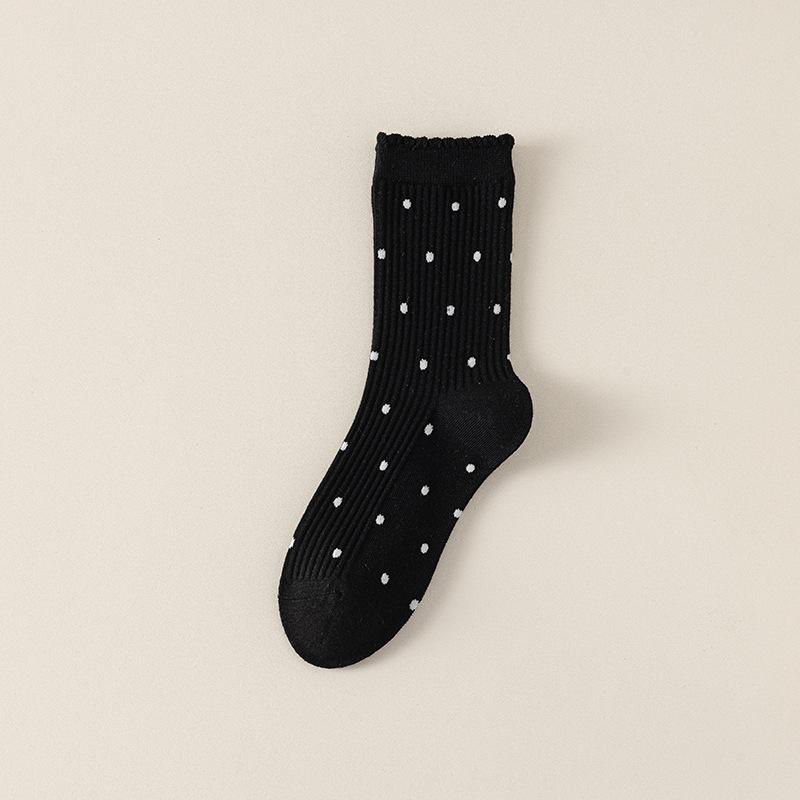 Lace Socks, Women's Long Socks, Polka Dot Black Ear-trimmed Cotton Socks, Autumn and Winter Sports Pile Socks, Versatile Boneless Mid-calf Socks