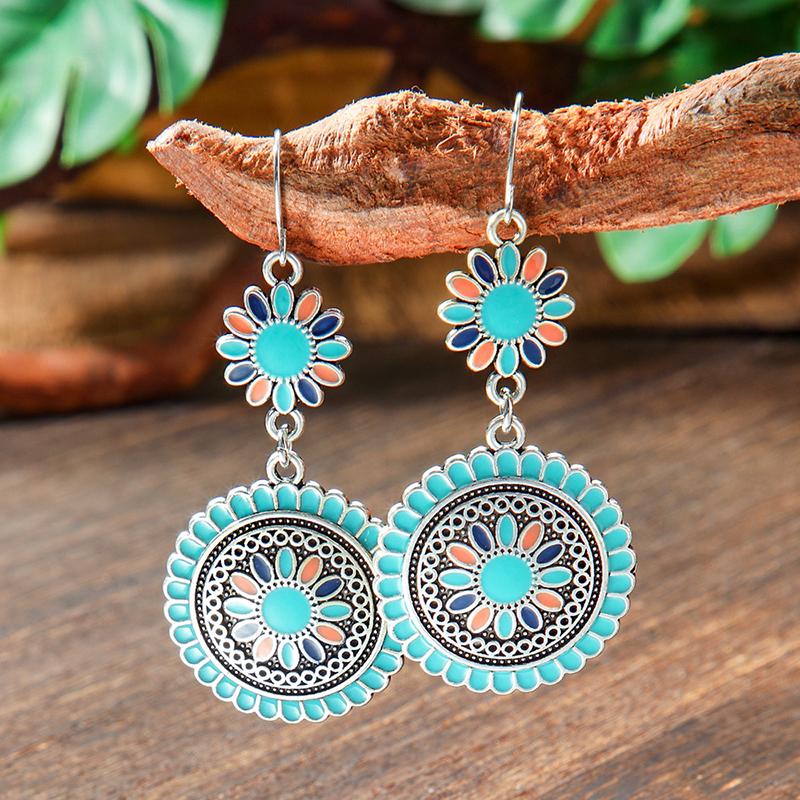 Orecchini Smaltati Colorati Etnici Retrò Bohemien da Donna Boho Fiore Vuoto Geometrico Rotondo Vintage Pendenti Gioielli Regalo