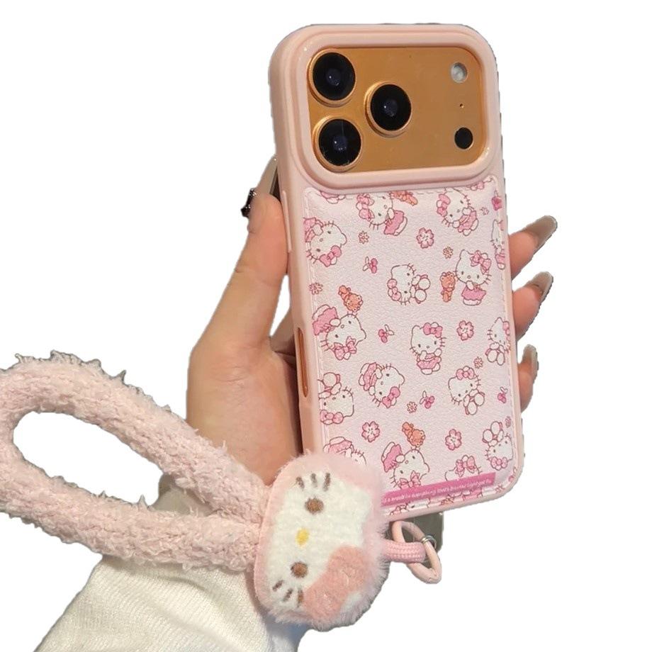 Girl Pink Kt Cat Hand Rope for Apple 17promax Mobile Phone Case IP16 Bulging Bag Leather Pattern 15 Cute 14 Soft